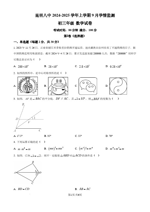 云南昆明八中2024-2025学年九年级上学期9月月考数学试题