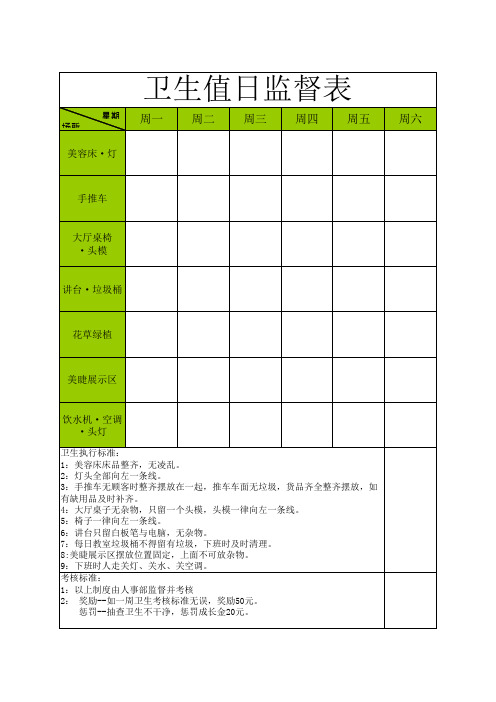 高级美睫门店卫生值日表