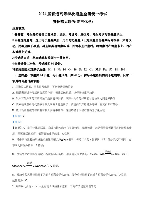 河南省青铜鸣大联考2023-2024学年高三上学期12月月考化学试题(解析版)