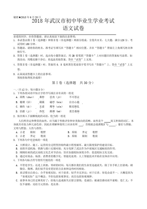 2018年武汉市中考试卷(含语文、数学、英语共3科及参考答案)