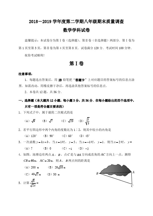 和平区2018-2019学年度八年级期末数学试卷