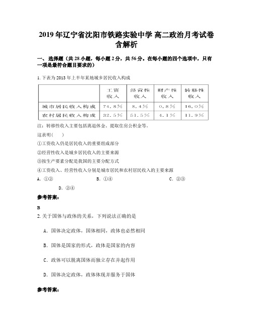 2019年辽宁省沈阳市铁路实验中学 高二政治月考试卷含解析