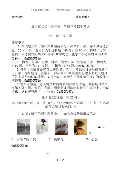 2010年山东省济宁市中考真题物理试题与答案