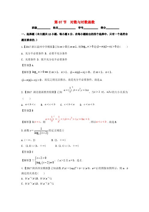 2019年高考数学一轮复习专题2.7对数与对数函数测