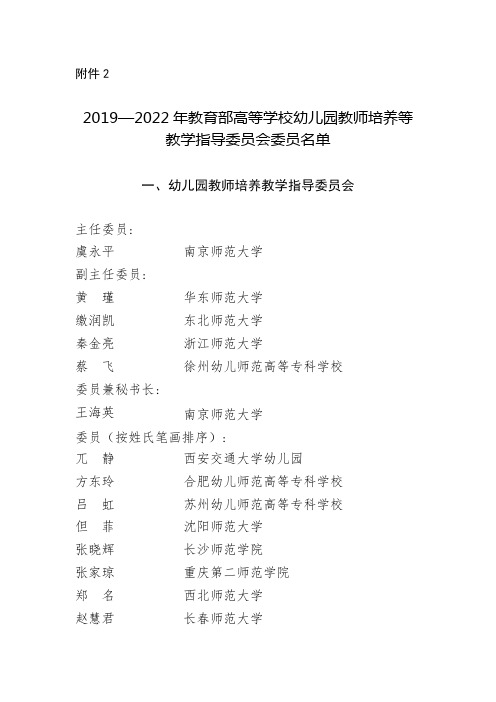 2019—2022年教育部高等学校幼儿园教师培养等教学指导委员会委员名单