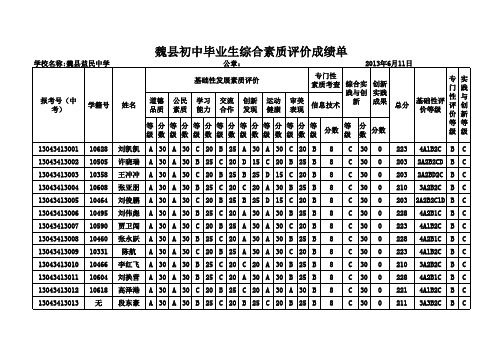 初中毕业生综合素质评价成绩单