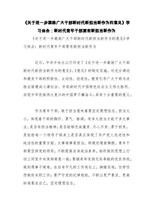 《关于进一步激励广大干部新时代新担当新作为的意见》学习体会：新时代青年干部要有新担当新作为【精品范文