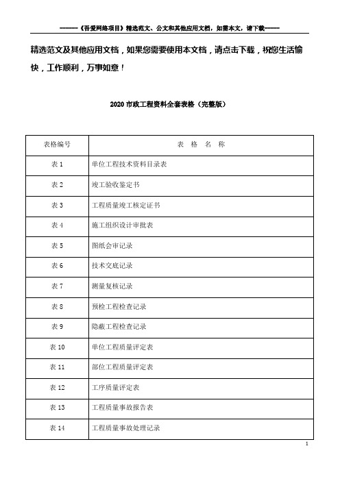 2020市政工程资料全套表格(完整版)