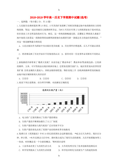 2018-2019学年高一历史下学期期中试题(选考)