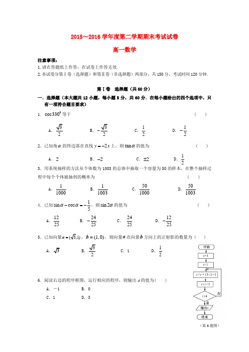 辽宁省大连市2015_2016学年高一数学下学期期末考试试题