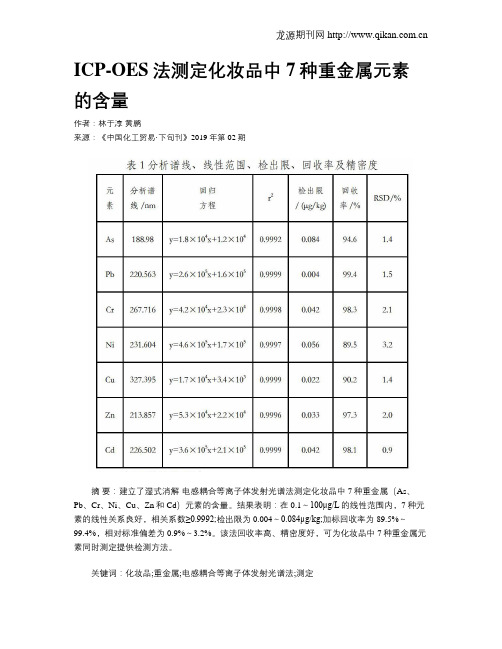 ICP-OES法测定化妆品中7种重金属元素的含量