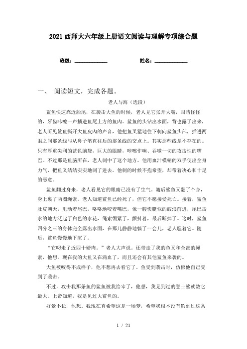 2021西师大六年级上册语文阅读与理解专项综合题