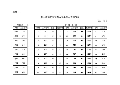 事业单位专业技术人员基本工资标准表