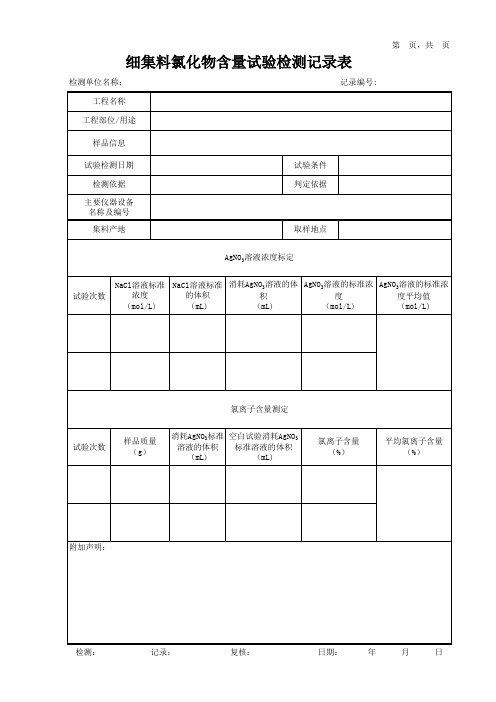 细集料氯化物含量试验检测记录表