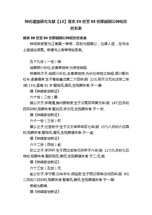 钟氏谱牒研究文献【13】接系59世至88世即越国公钟绍京世系表