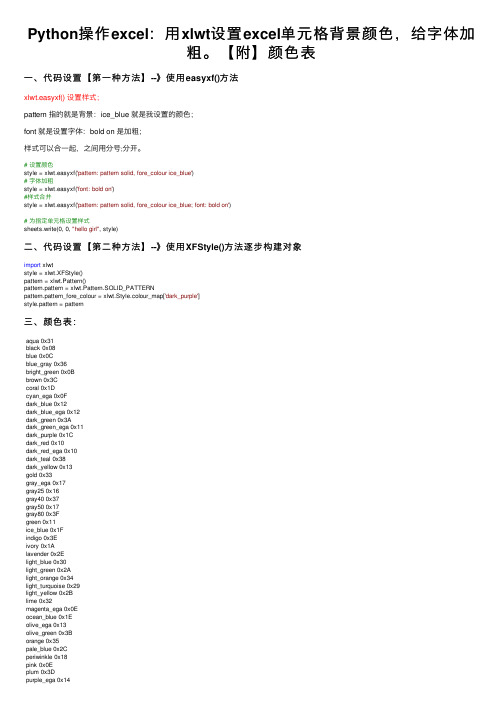 Python操作excel：用xlwt设置excel单元格背景颜色，给字体加粗。【附】颜色表