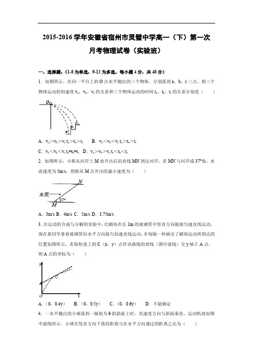 高一物理月考试题及答案-安徽宿州市灵璧中学2015-2016学年高一(下)第一次月考(实验班)