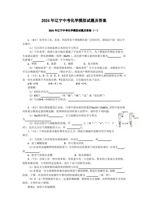 2024年辽宁中考化学模拟试题及答案