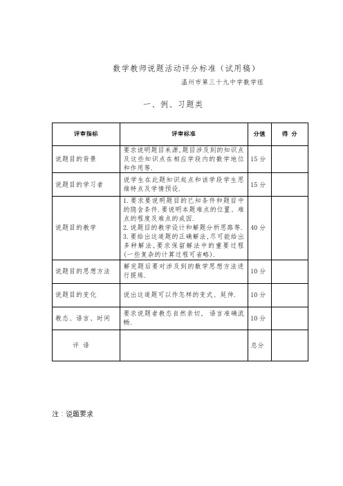 数学教师说题活动评分标准(例习题)