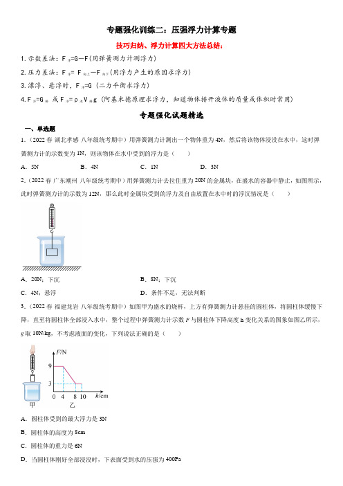 专题强化训练二 压强浮力计算专题-八年级下册物理