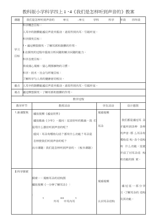 教科版科学四年级上册1.4《我们是怎样听到声音的》教案