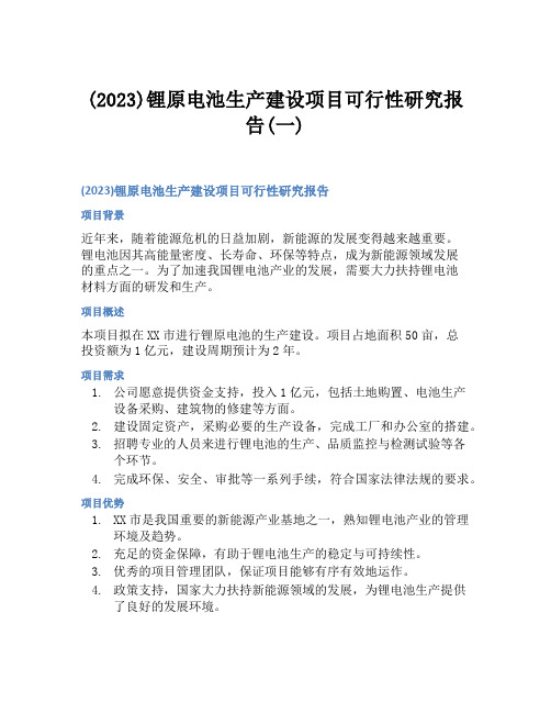 (2023)锂原电池生产建设项目可行性研究报告(一)