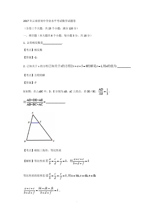 2017年云南省初中学业水平考试数学试题卷(解析版)