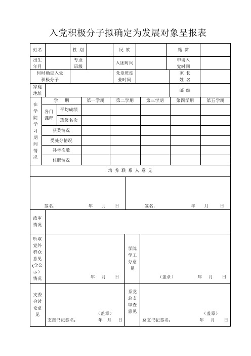 入党积极分子拟确定为发展对象呈报表