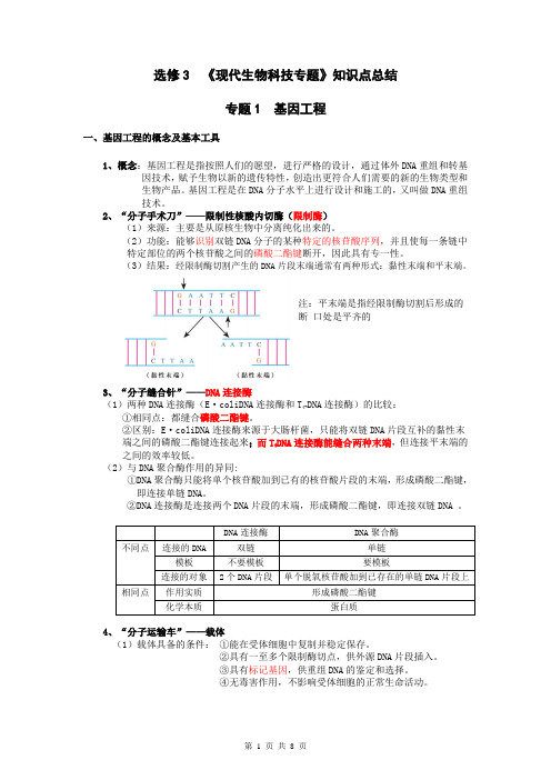 人教版高中生物——选修三(现代生物科技专题)知识点总结(详细)