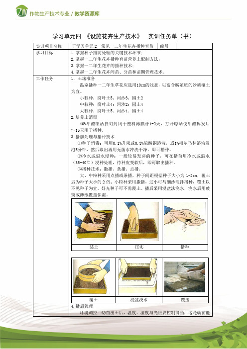 《设施花卉生产技术》 常见一二年生花卉播种育苗 实训任务单(