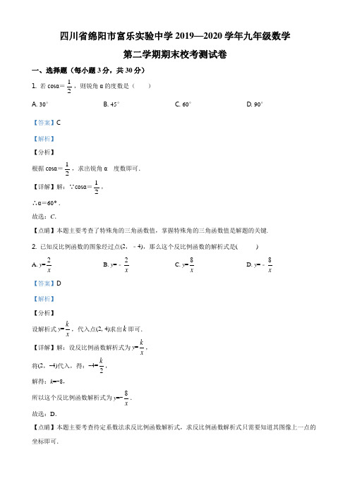 四川省绵阳市富乐实验中学2019-2020年九年级下学期期末数学试题(解析版)