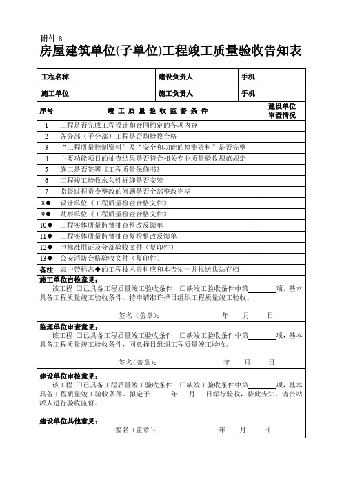 房屋建筑单位(子单位)工程竣工质量验收告知表