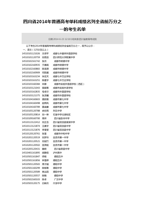 四川省2014年普通高考单科成绩名列全省前万分之一的考生名单