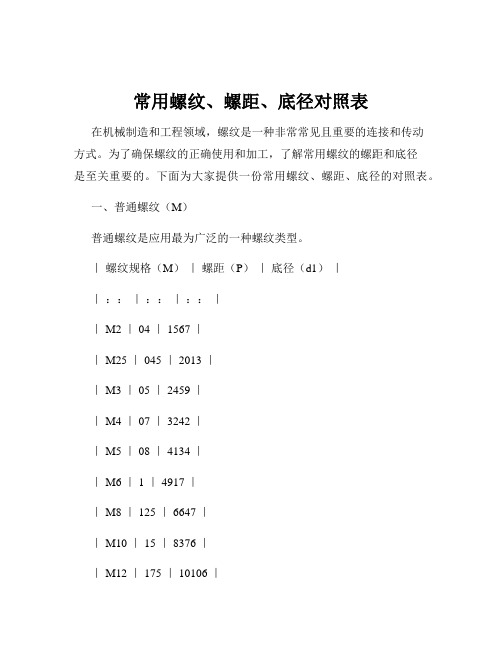 常用螺纹、螺距、底径对照表