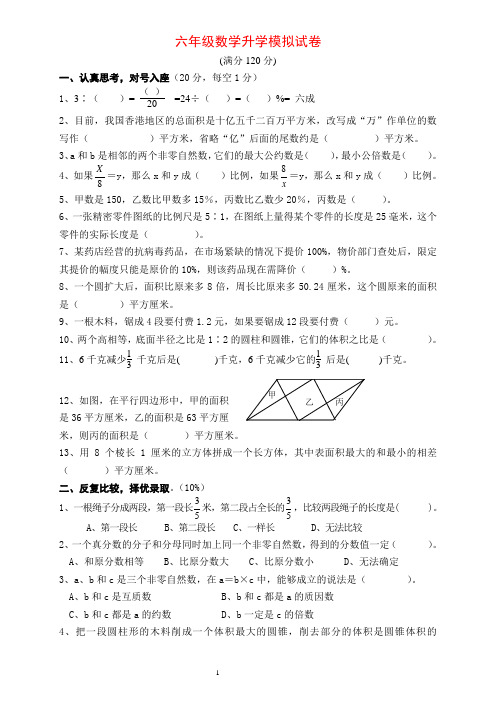 2013年数学小升初数学模拟试卷(附详细答案)