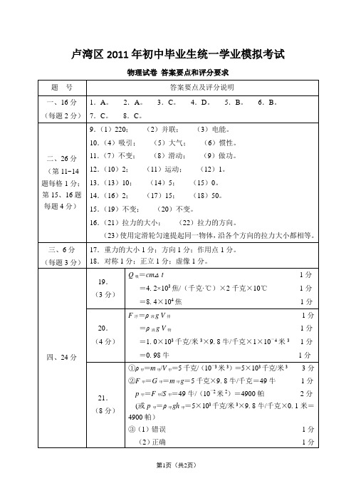 2010学年第二学期卢湾区初三物理二模考参考答案