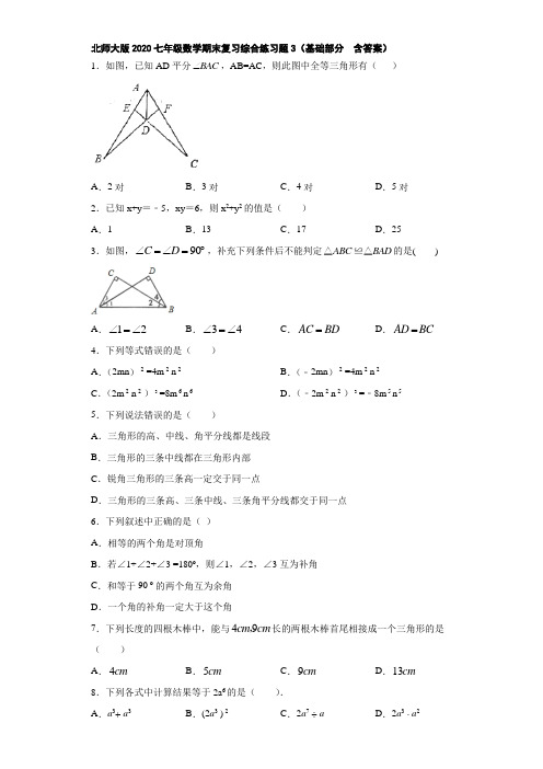 北师大版2020七年级数学期末复习综合练习题3(基础部分  含答案)