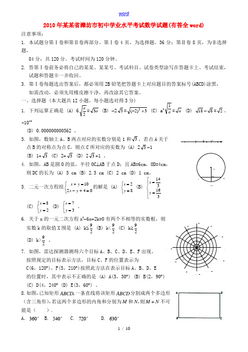 山东省潍坊市2010年中考数学真题试题