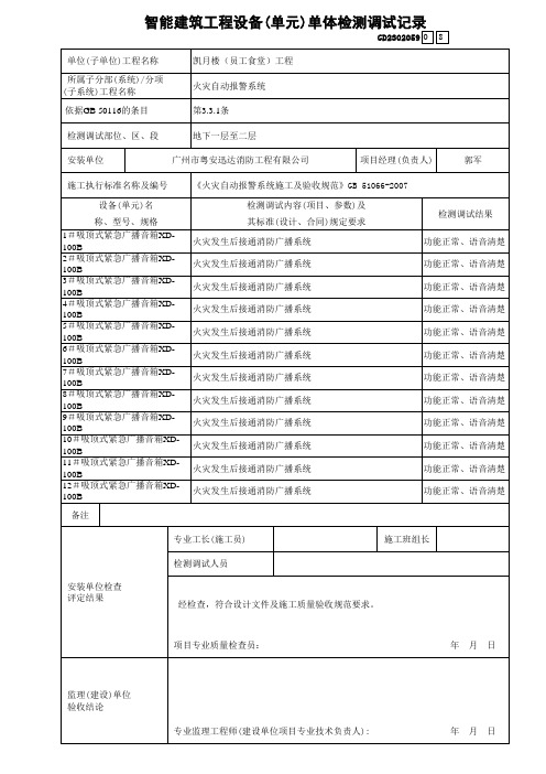 智能建筑工程设备(单元)单体检测调试记录