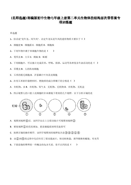 部编版初中生物七年级上册第二单元生物体的结构层次带答案专项训练题