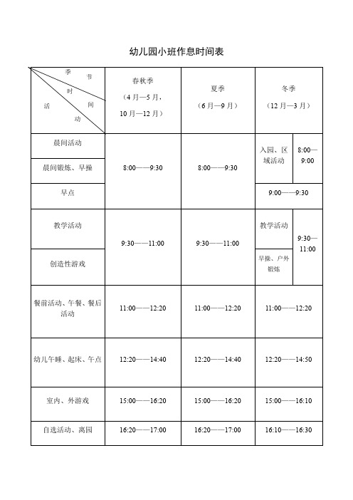 幼儿园作息时间表