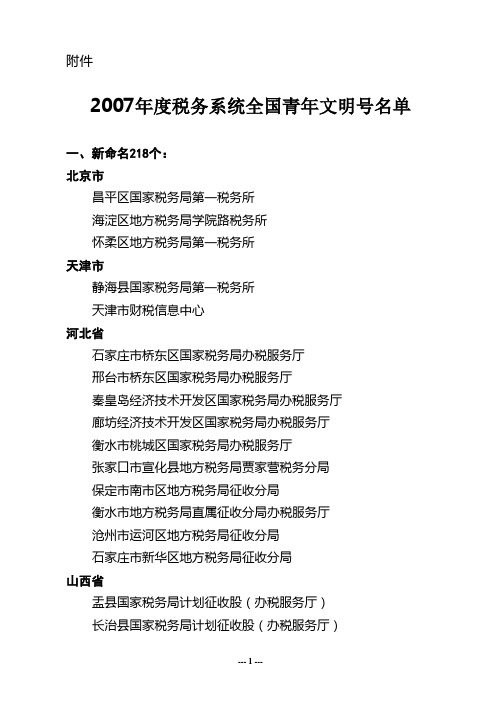 2007年度税务系统全国青年文明号名单