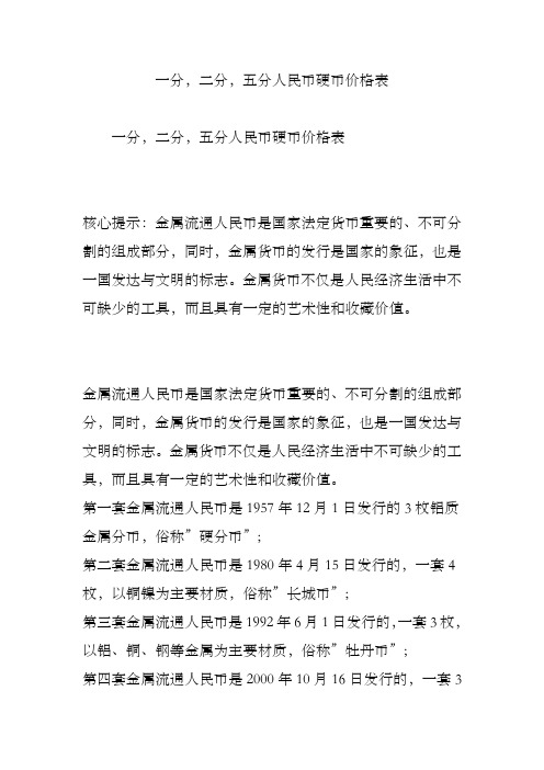 一分二分五分人民币硬币价格表