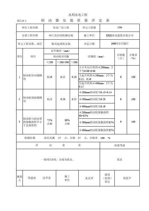 表2.14-1 制动器安装质量评定表(例表)