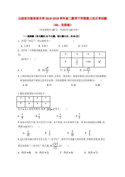 山西省吕梁育星中学2018_2019学年高二数学下学期第三次月考试题(62,无答案)