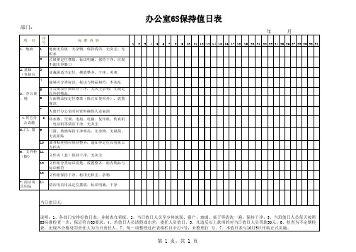 办公室6S保持值日表