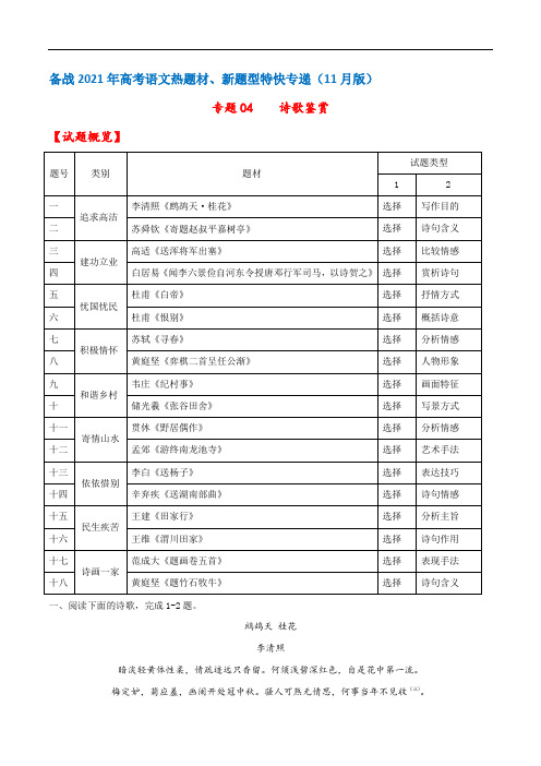 专题04  诗歌鉴赏——备战2021年高考语文热题材、新题型特快专递(新高考11月版)(原卷版)