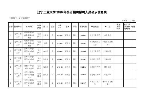 辽宁工业大学2020年公开招聘拟聘人员公示信息表