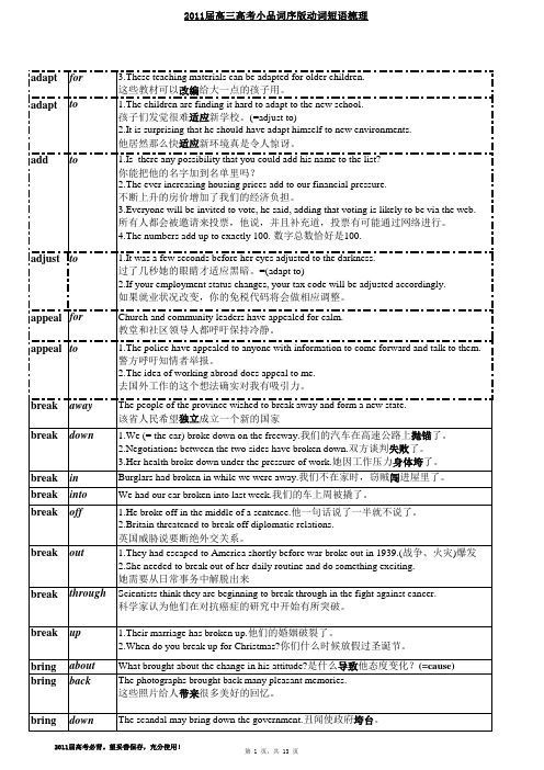 高中英语词组汇总结完整版[按小品词序]