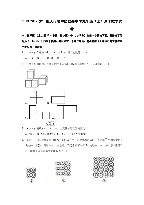 2018-2019学年重庆市渝中区巴蜀中学九年级(上)期末数学试卷(含解析)